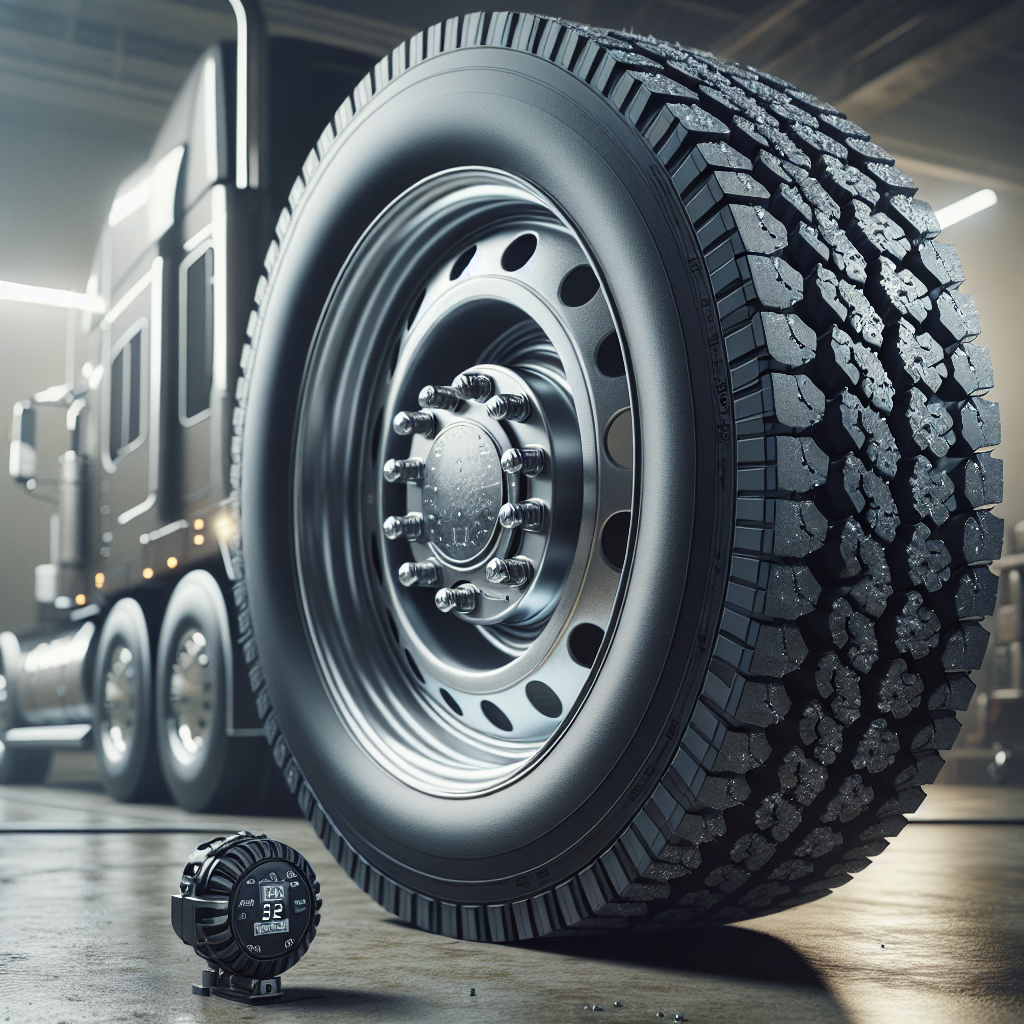 A close-up of a tire pressure monitoring system for trucks.