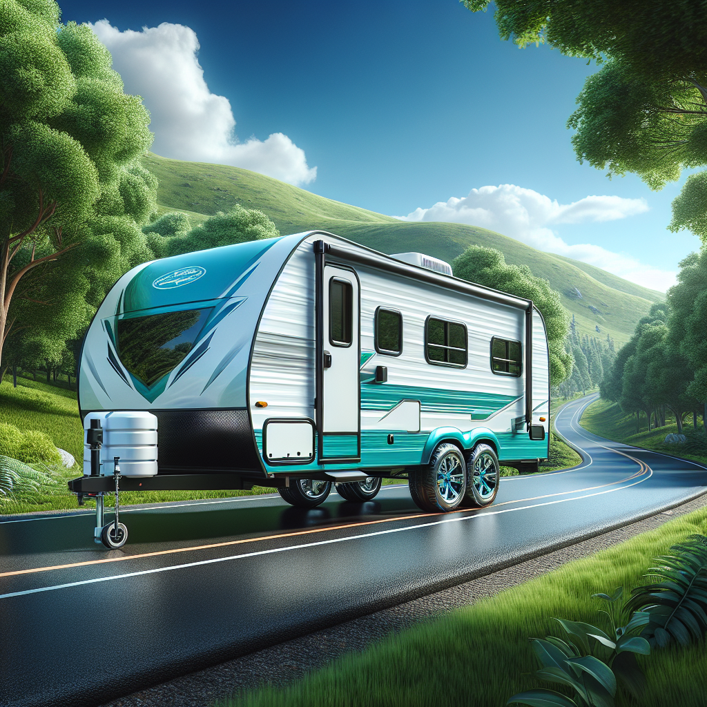 A travel trailer on a scenic road with trees and hills.