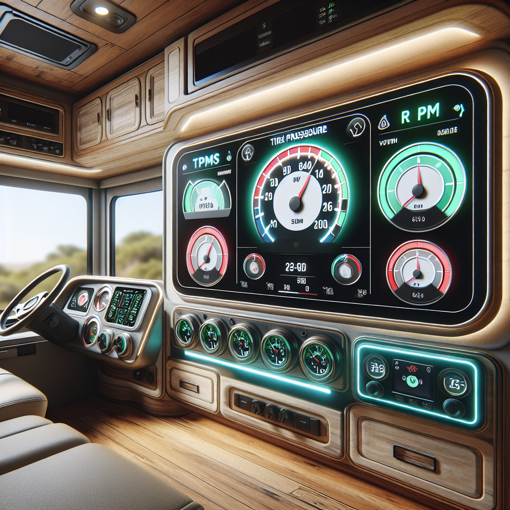 An RV dashboard displaying a tire pressure monitoring system with digital gauges.