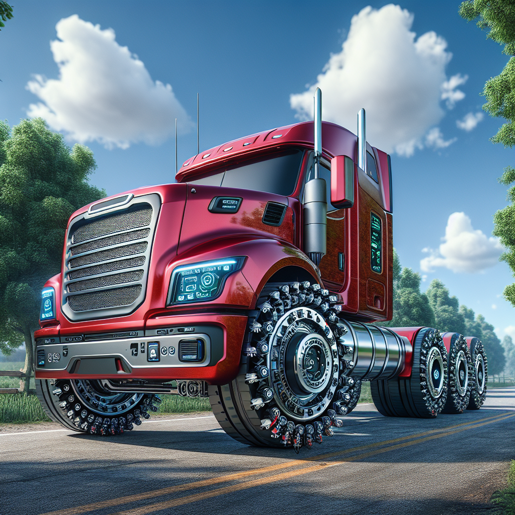 A realistic truck parked on a rural road, showcasing a tire pressure monitoring system.