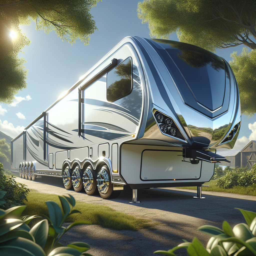 A 5th wheel trailer parked in a scenic landscape with visible tire sensors.