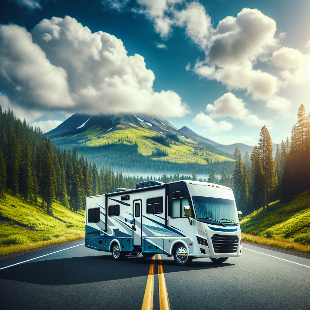 An RV parked on a scenic road surrounded by forests and mountains.