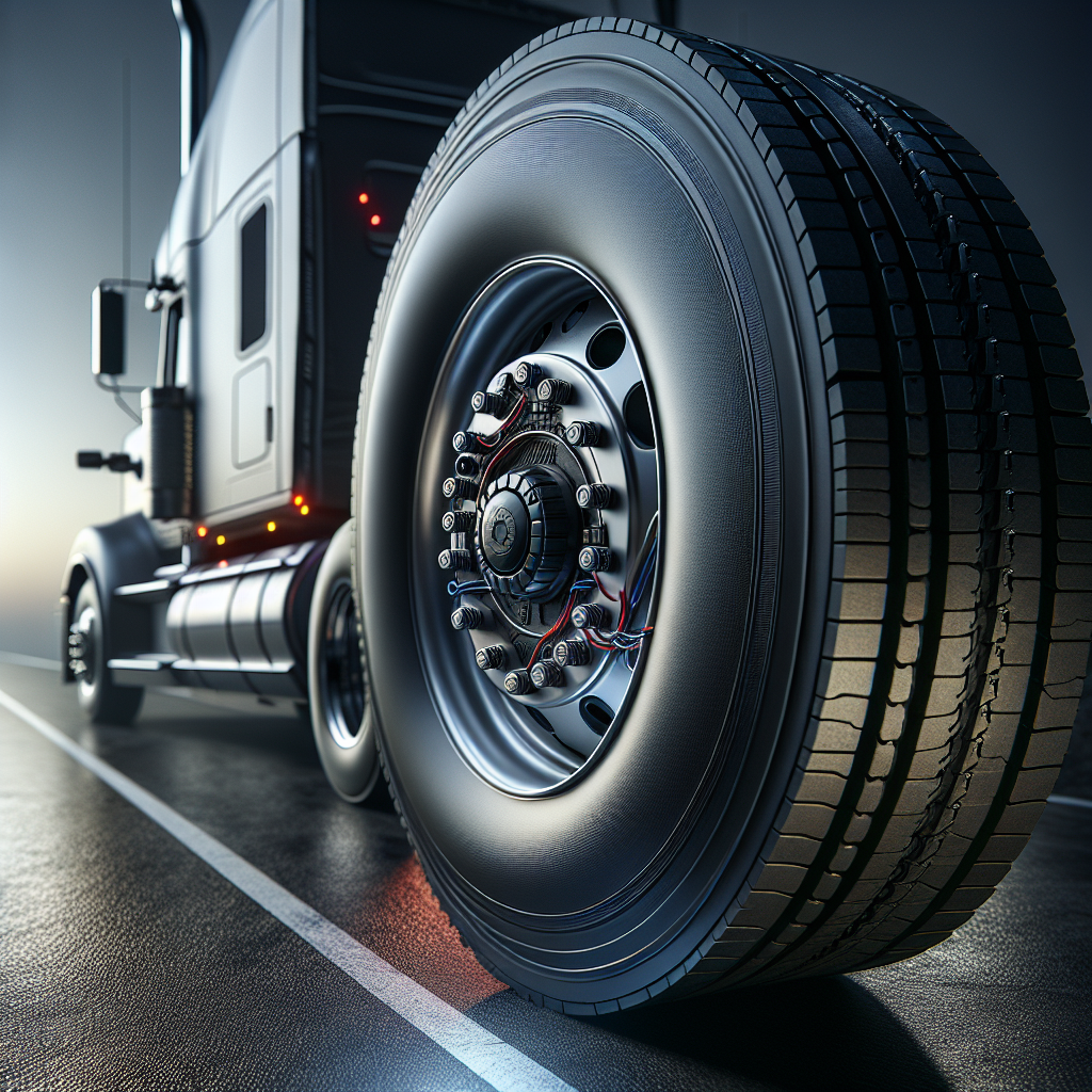 A detailed graphic of a tire pressure monitoring system within a truck tire.