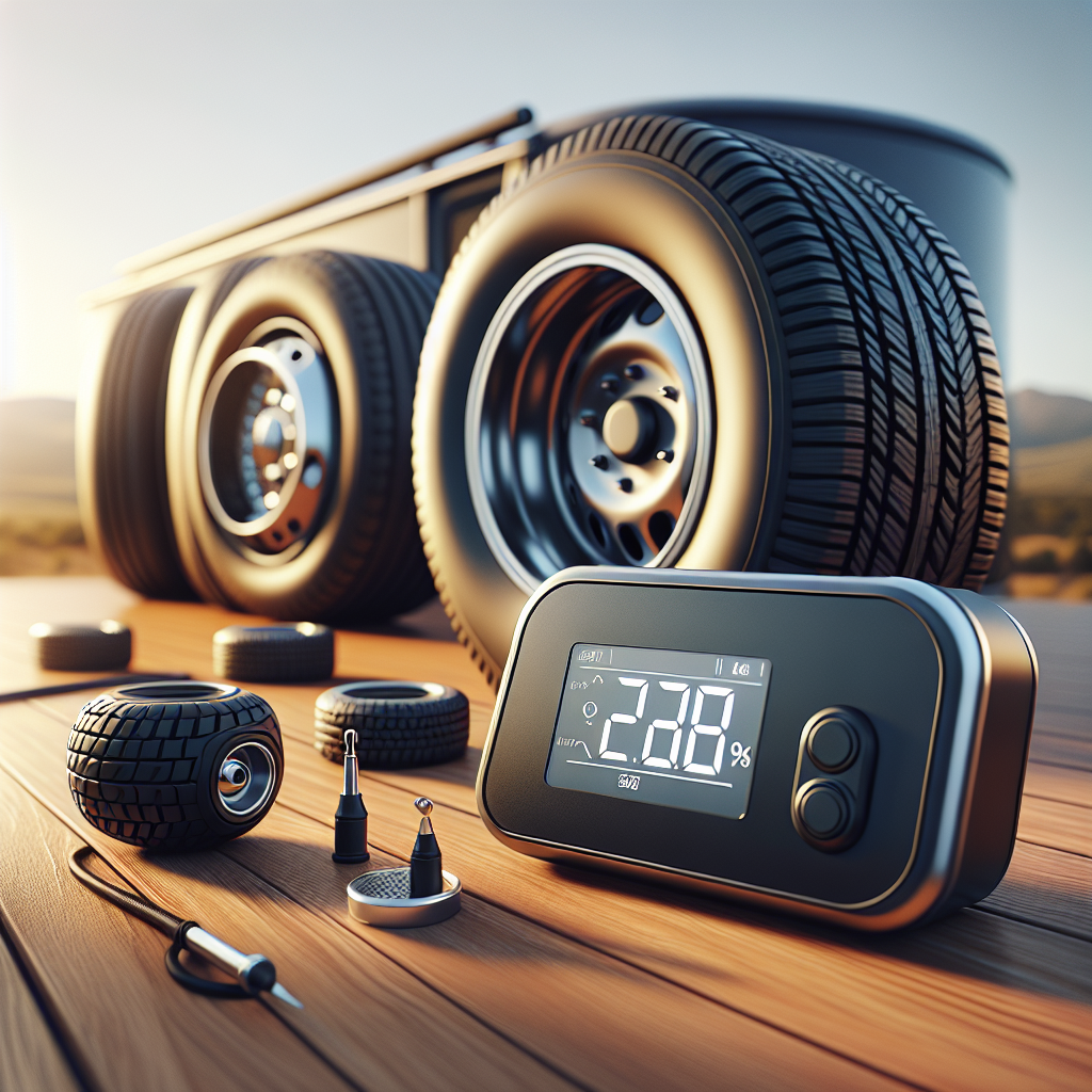 A modern tire pressure monitoring system on a table with tires.