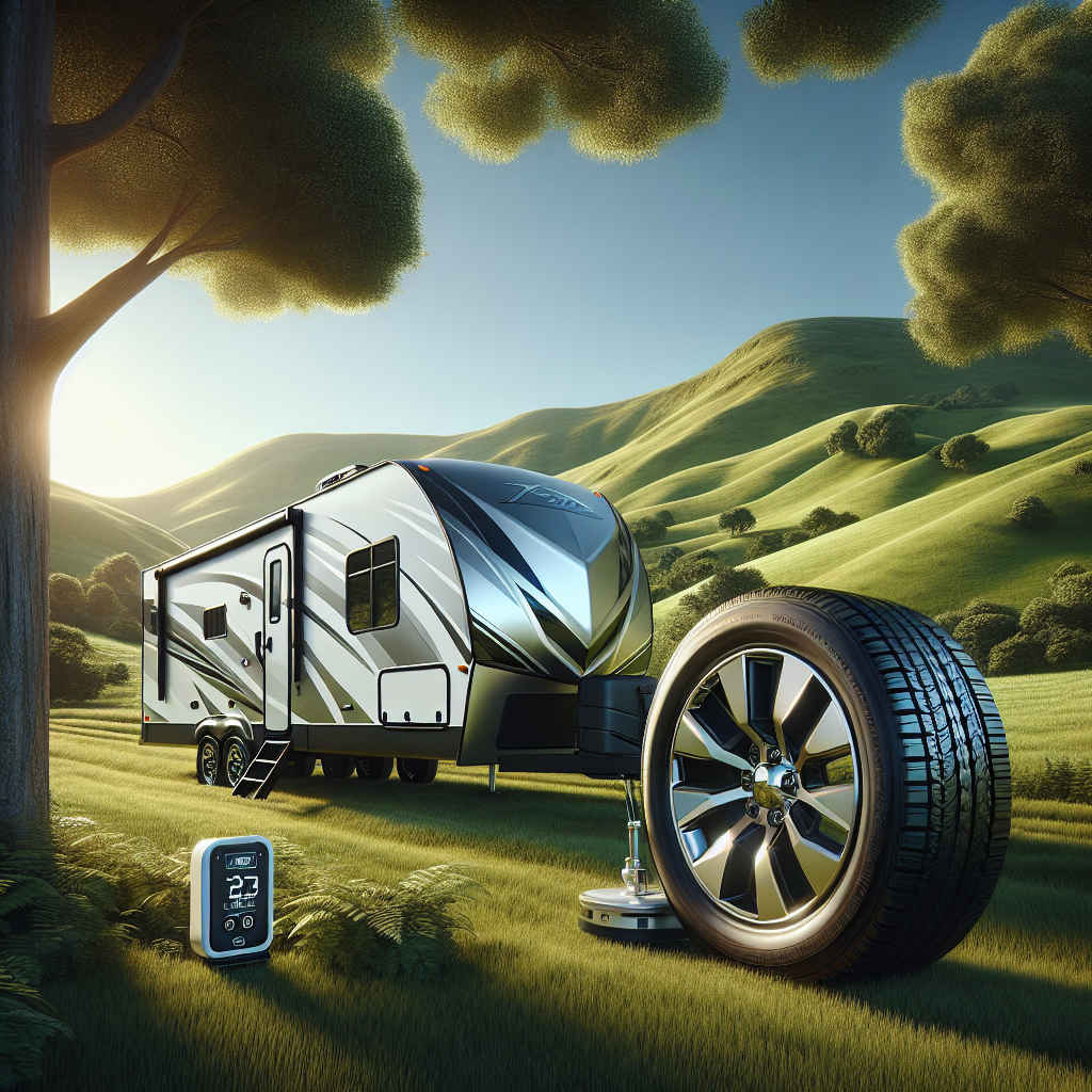 A realistic image of a 5th wheel trailer in a scenic landscape with a focus on tire safety.