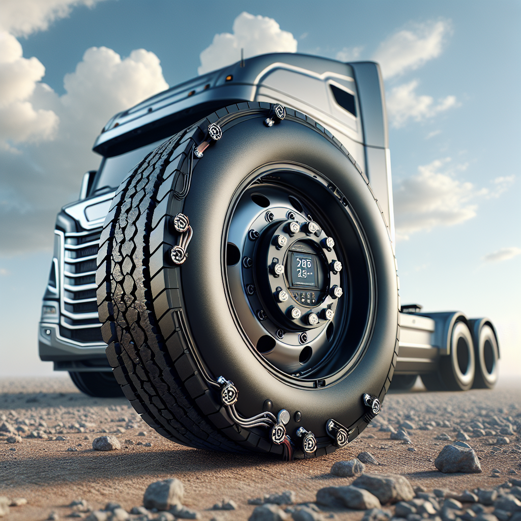 A truck tire with sensors for a tire pressure monitoring system on a gravel road.