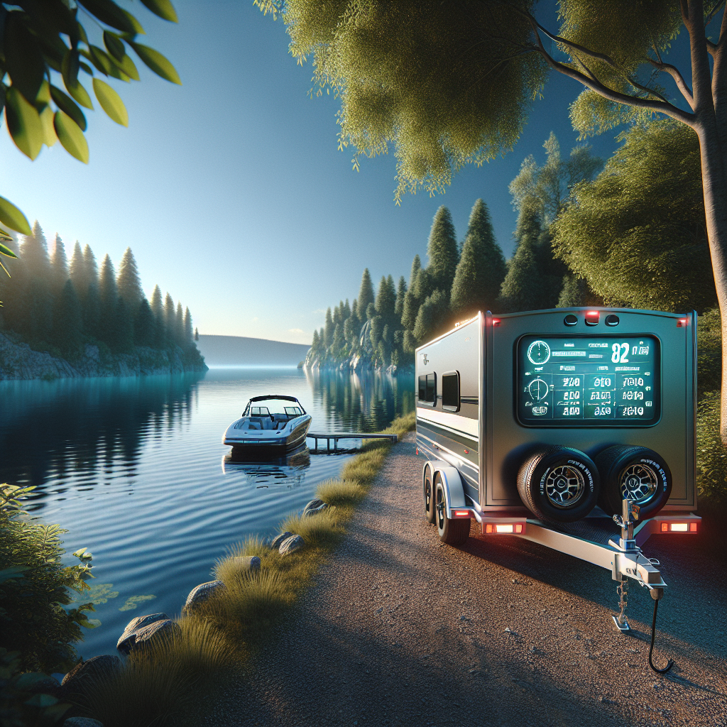 A boat trailer with a visible tire pressure monitoring system by a lake.