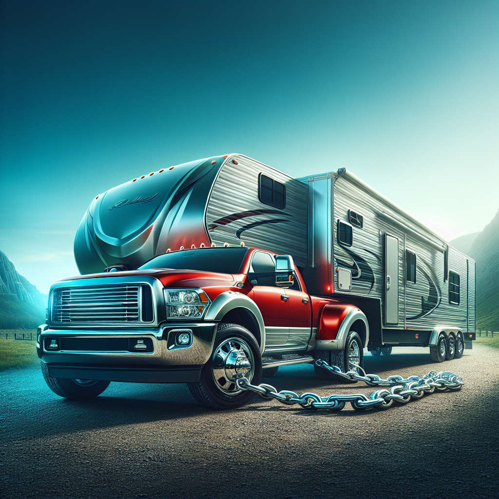 A tow vehicle with a trailer attached, highlighting safety chains in a natural landscape.