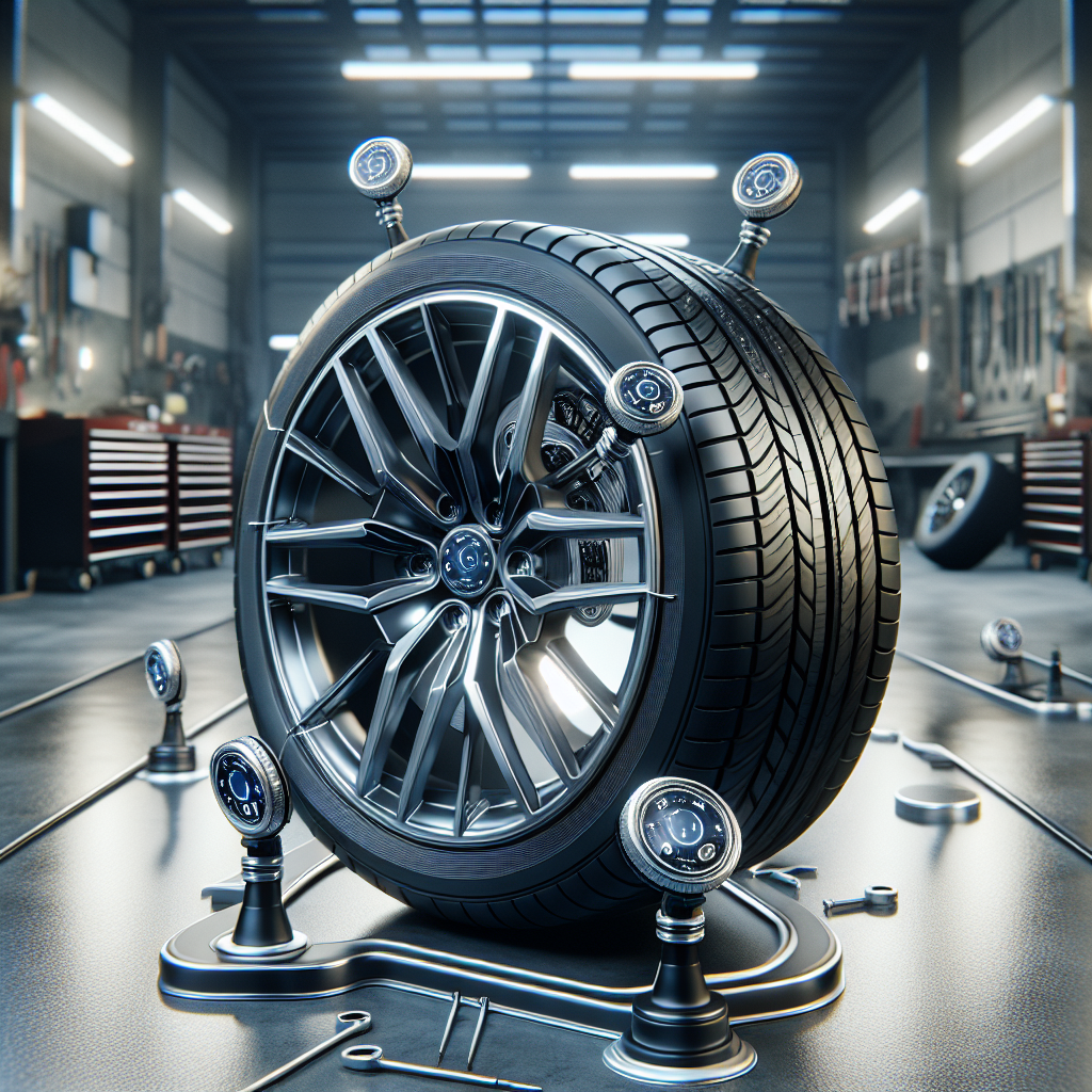 A detailed tire pressure monitoring system (TPMS) with sensors on a tire in an automotive workshop.
