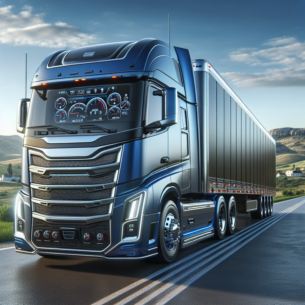 A truck and trailer with a visible TPMS display in a scenic landscape.