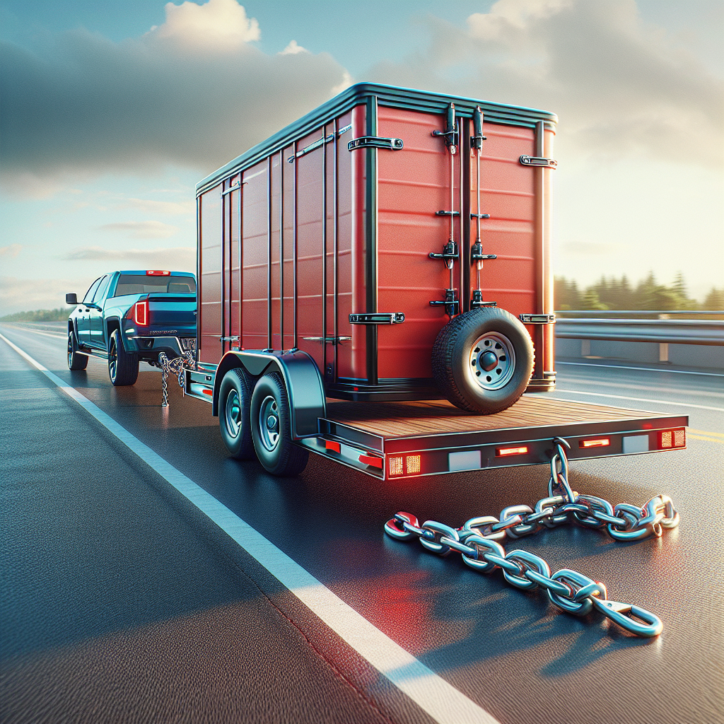 A trailer with safety chains attached to a tow vehicle on an open road.