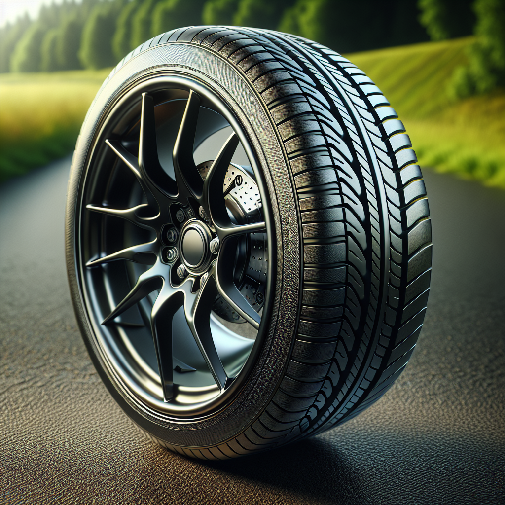 Close-up view of a tire with a visible tire pressure sensor on the valve stem, set against a blurred asphalt road and grassy background.