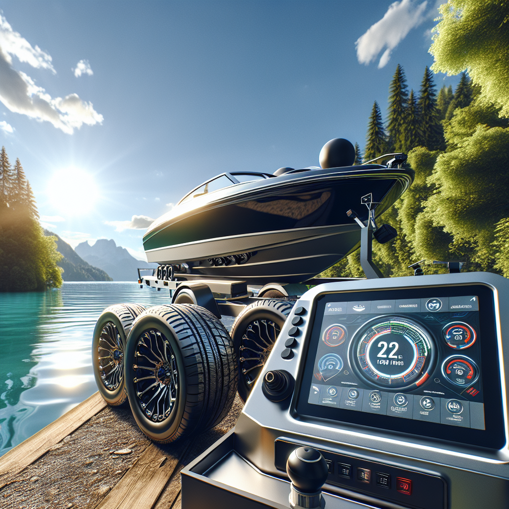 A boat trailer equipped with a tire pressure monitoring system near a scenic lake.
