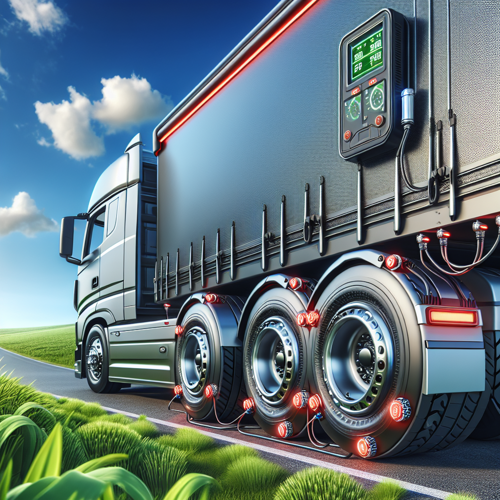 A trailer with tire pressure monitoring sensors on a highway.