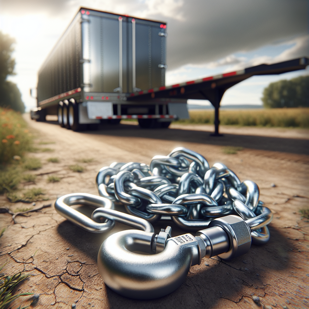 A sturdy safety chain connected to a truck and trailer, set against a natural landscape.
