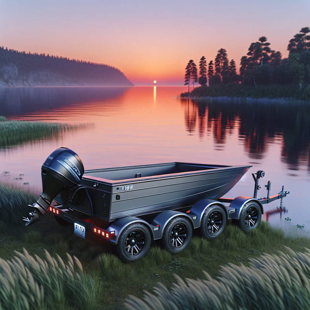 A boat trailer by a lakeside at sunset, highlighting its tire pressure monitoring system.