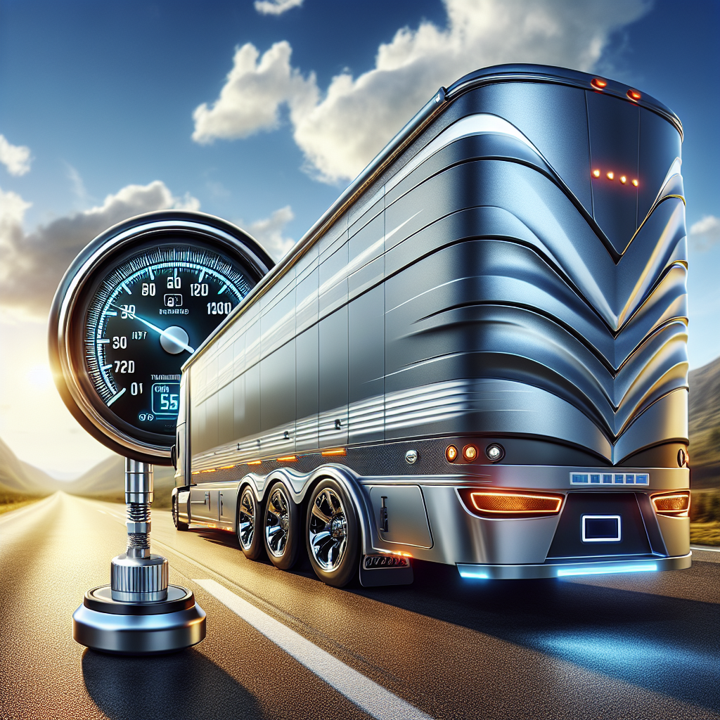 A modern trailer with a digital tire pressure monitoring system on a highway.