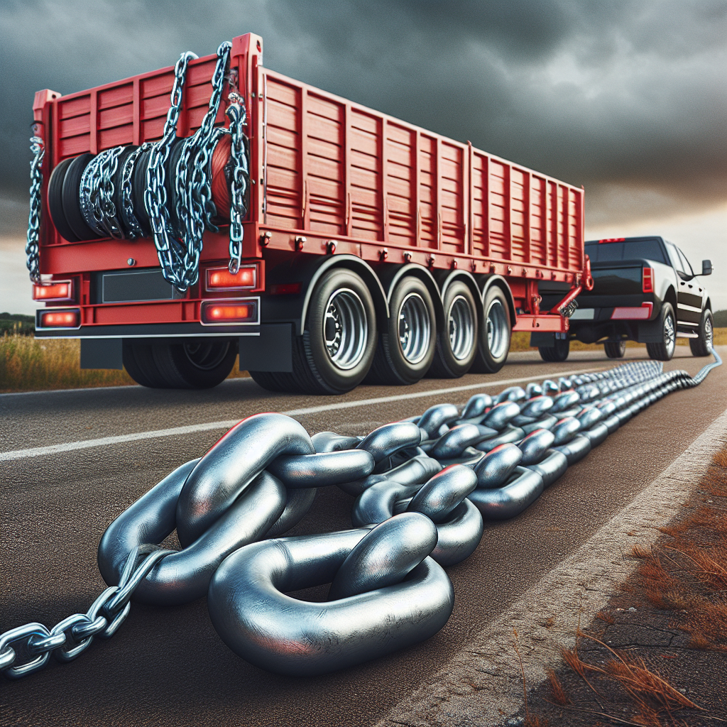 A heavy-duty trailer with safety chains attached to a towing vehicle on a rural road.