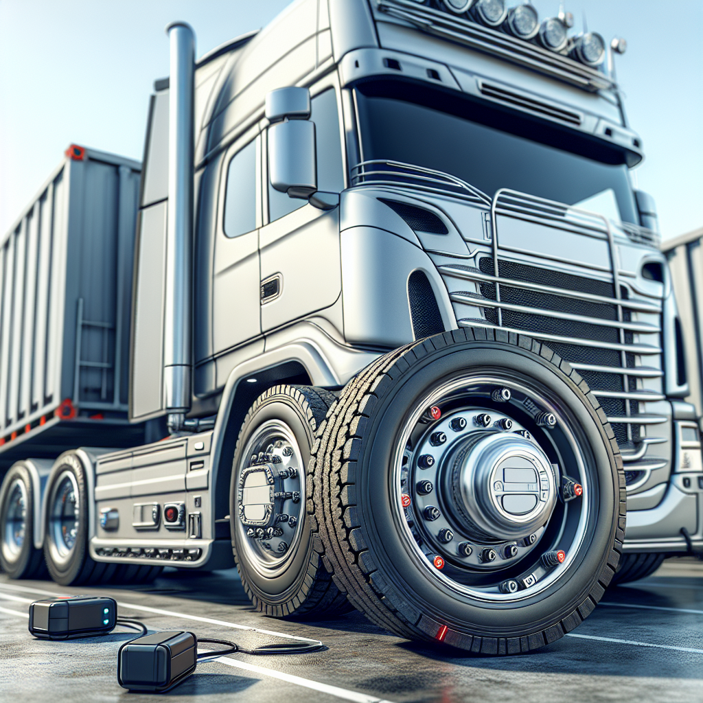 A detailed view of a Truck and Trailer Tire Pressure Monitoring System (TPMS) with a truck and sensor in focus.