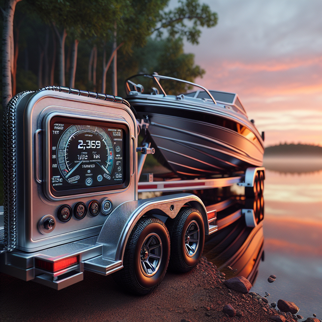 A boat trailer parked by a lake at sunset, highlighting tire pressure monitoring systems.