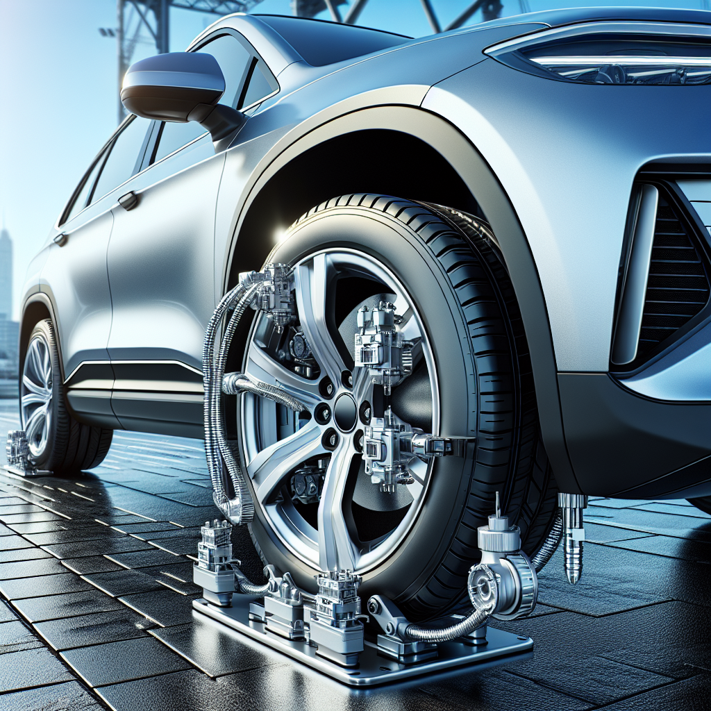 A modern vehicle highlighting tire pressure monitoring sensors on its tires.