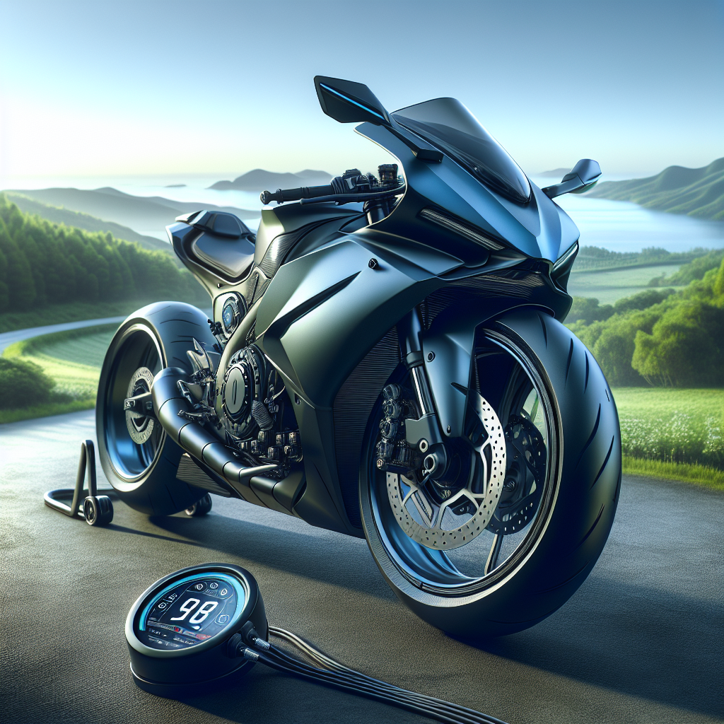 A motorcycle with a tyre pressure monitoring system displayed on the handlebars, set against a scenic countryside road.