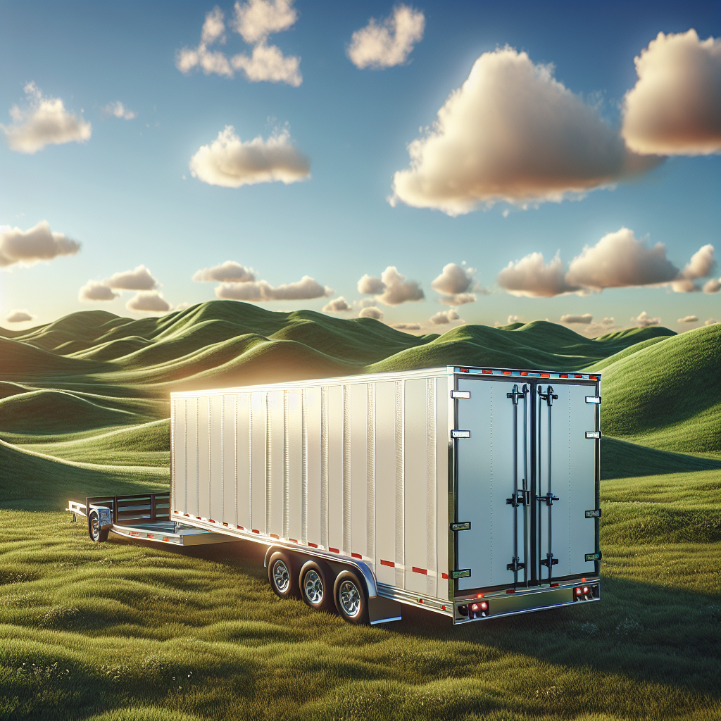 A large white trailer parked in a scenic outdoor setting with green hills and a clear blue sky.