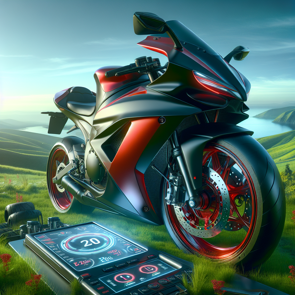 A motorcycle with a tyre pressure monitoring system displayed on the dashboard, set against a scenic landscape.