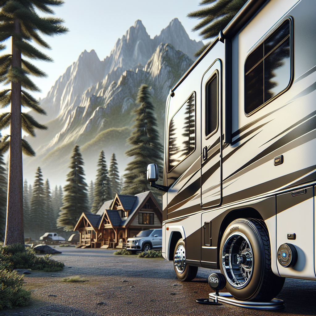 An RV parked at a campsite with a focus on the tire pressure monitoring system.