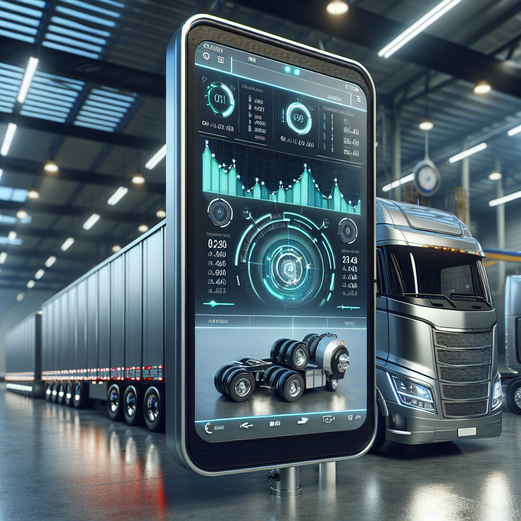 A modern trailer monitoring system in an industrial setting with a digital display and a trailer in the background.