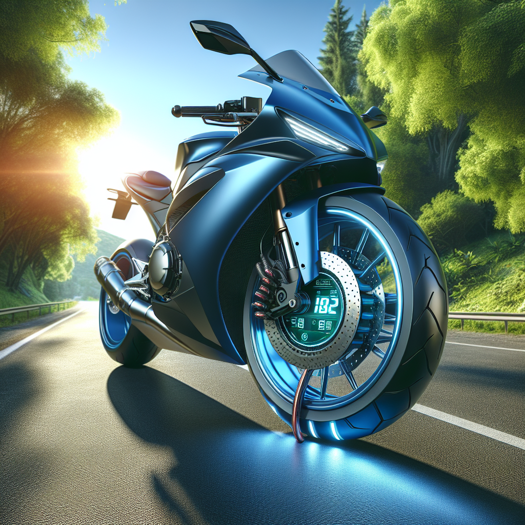 A motorcycle with a tyre pressure monitoring system displayed on the handlebars, set in an outdoor environment.