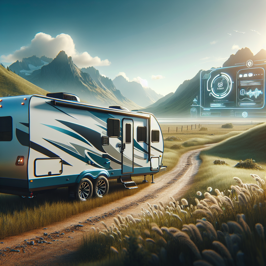 A modern RV trailer parked on a dirt road with scenic mountains and blue sky, symbolizing safety and adventure.