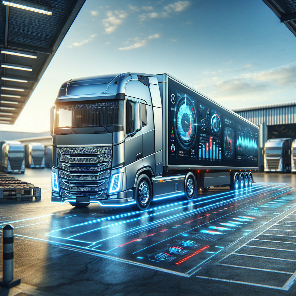 A high-tech trailer monitoring system with a digital dashboard displaying data in an industrial logistics yard.