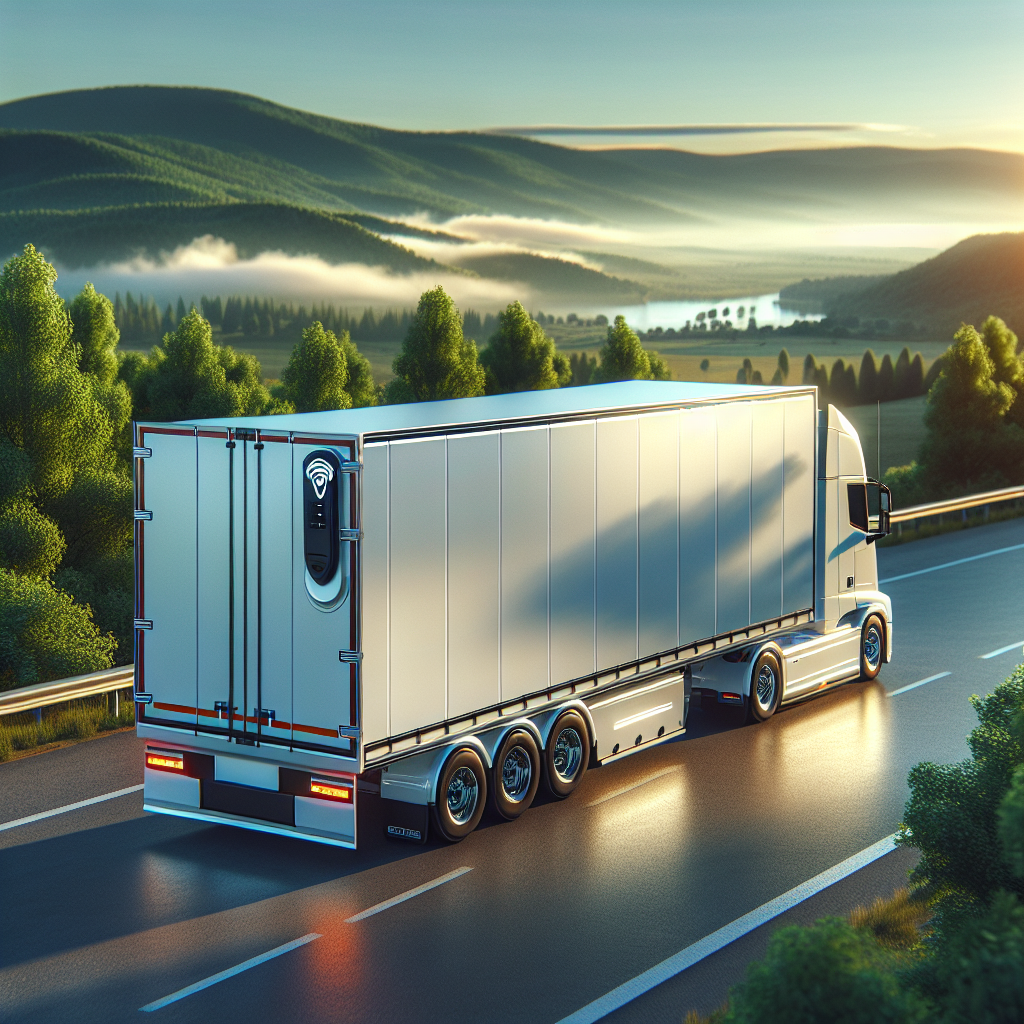 A modern cargo trailer with a visible GPS tracker parked on a highway, surrounded by nature.