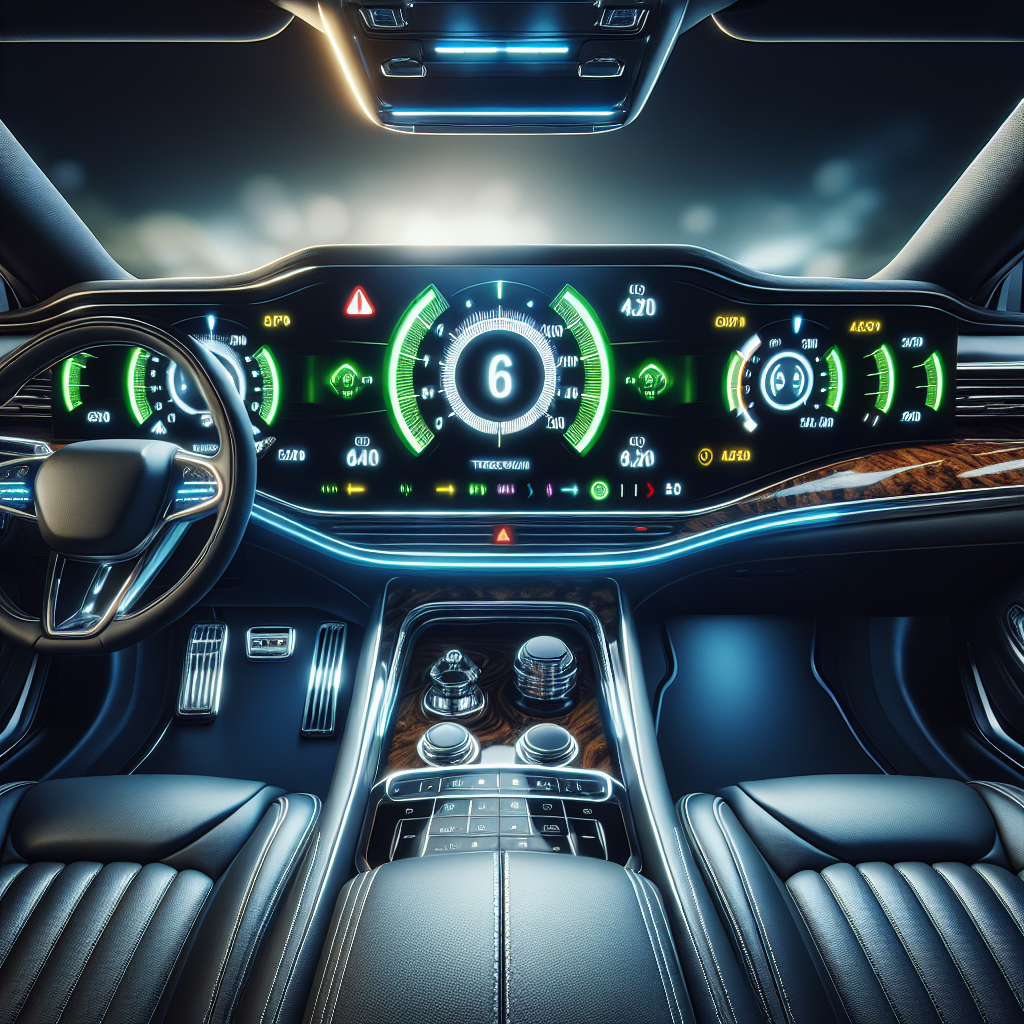A car dashboard displaying tire pressure readings with a modern interior.