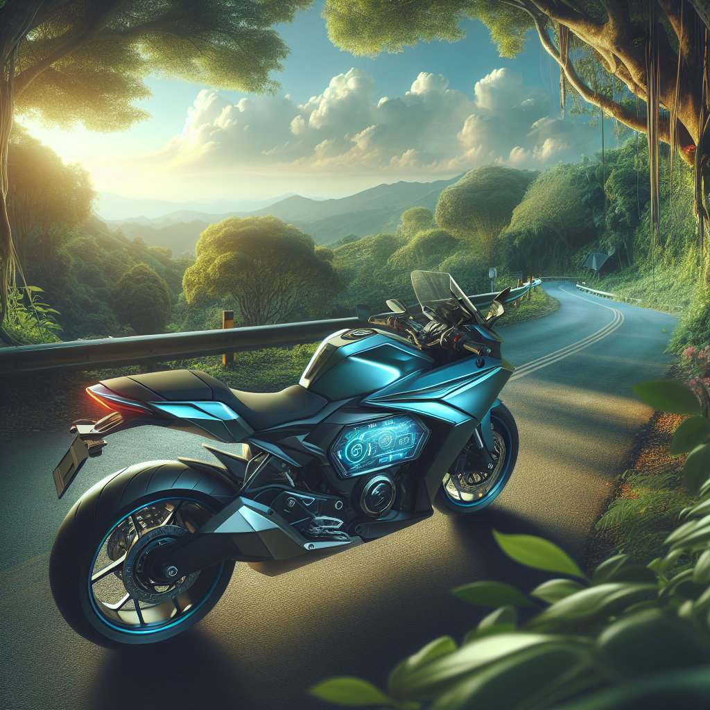 A motorcycle parked on a scenic road surrounded by greenery.