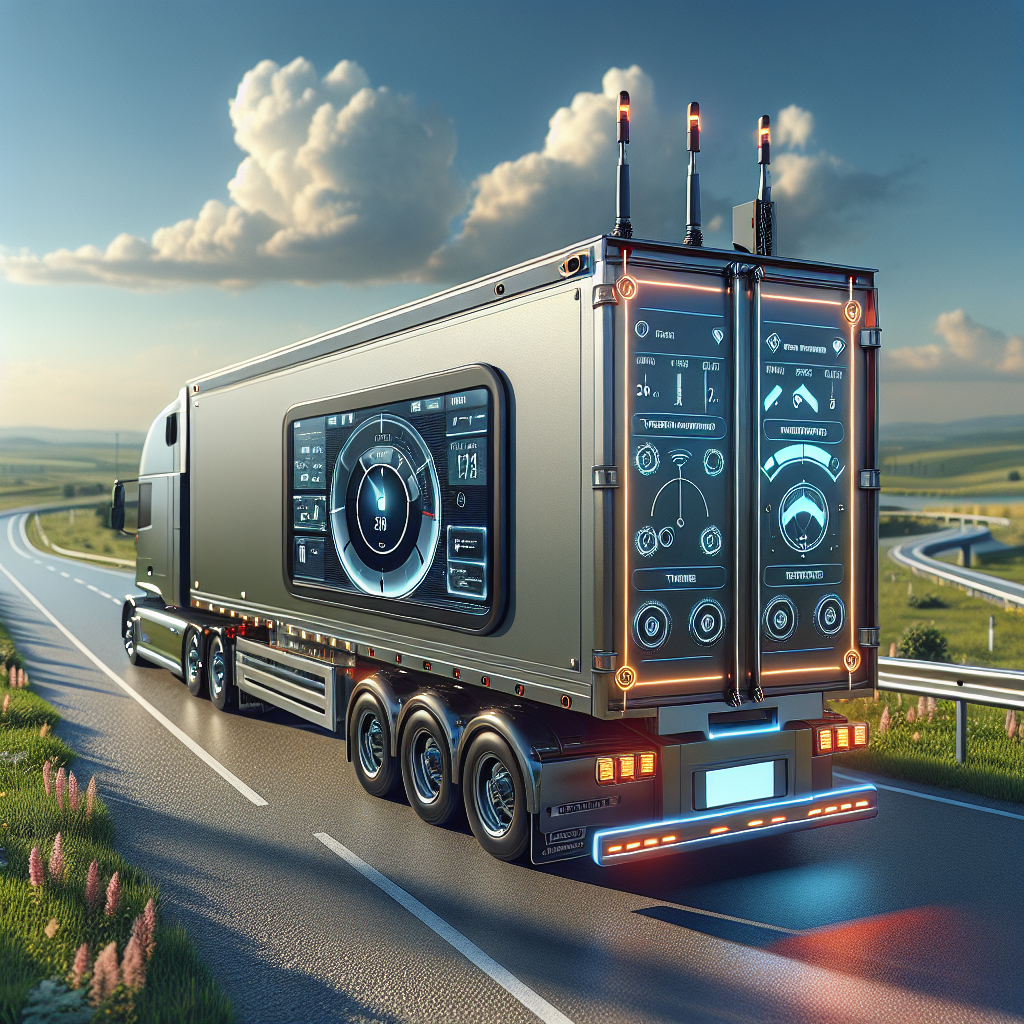 A modern trailer monitoring system with digital displays and sensors in a sunny outdoor setting.