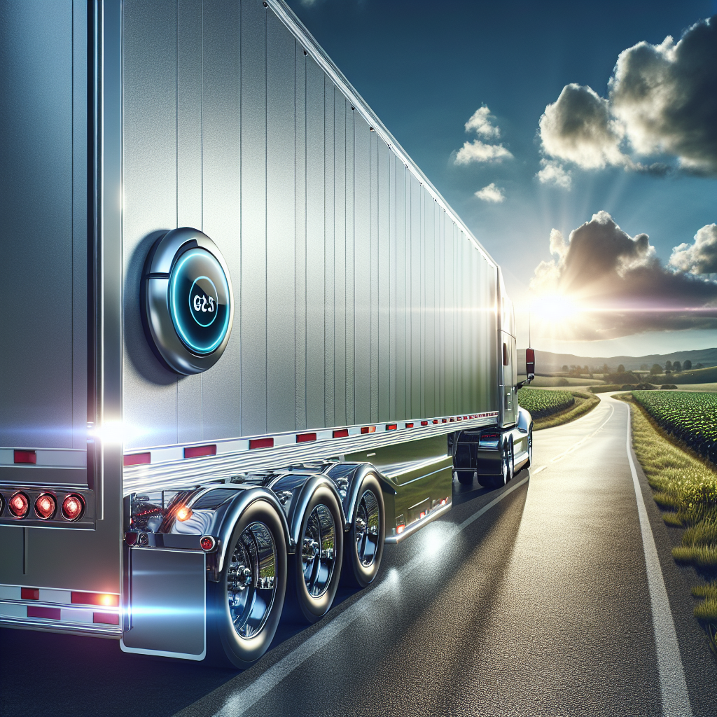 A modern trailer on an open road with a GPS tracker visible.