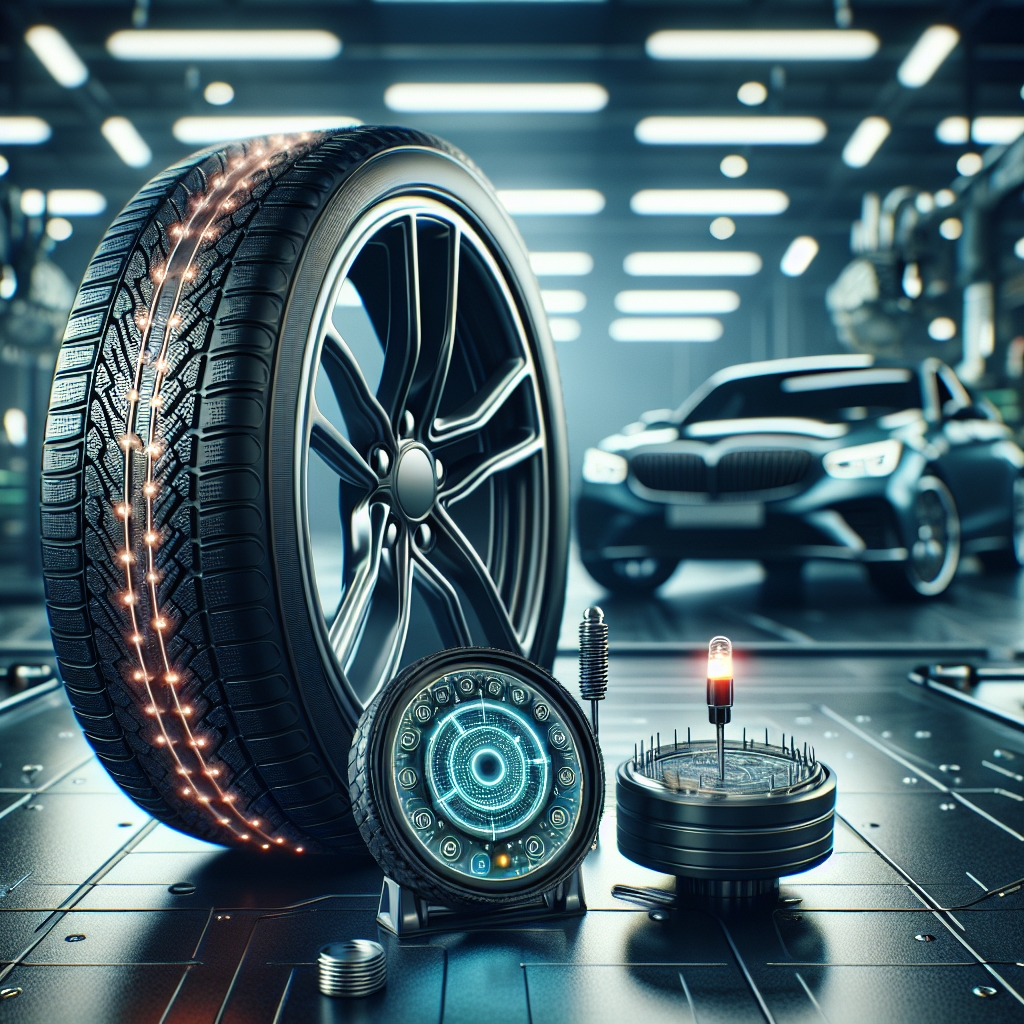 A tire pressure monitoring system showcasing a tire and a car dashboard warning light.