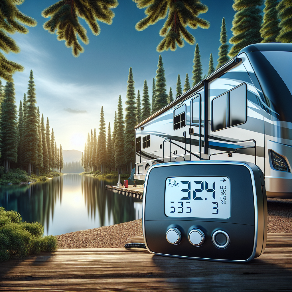 A Tire Pressure Monitoring System for an RV trailer near a serene lake.