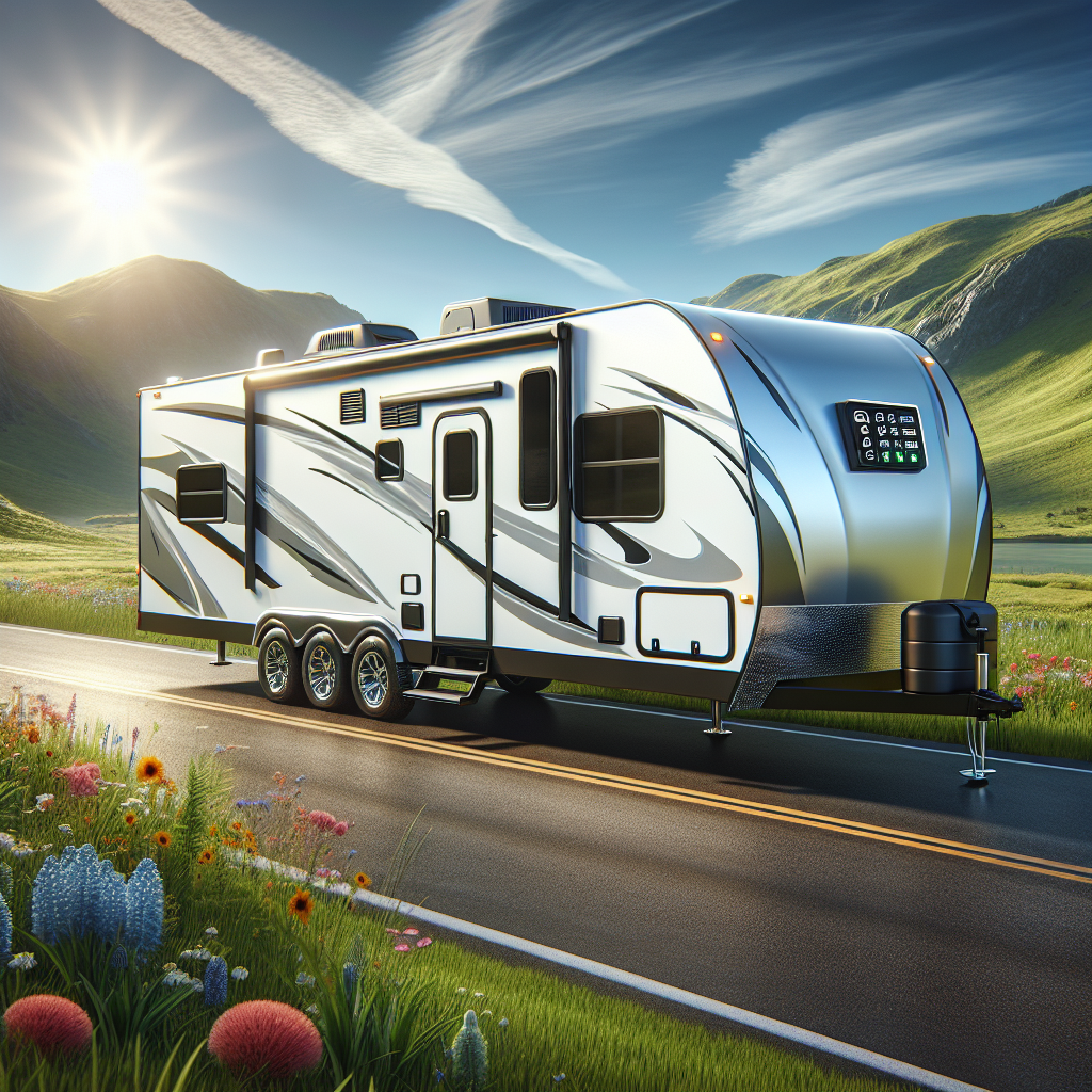An RV trailer parked on a scenic highway with a digital tire pressure monitoring system.