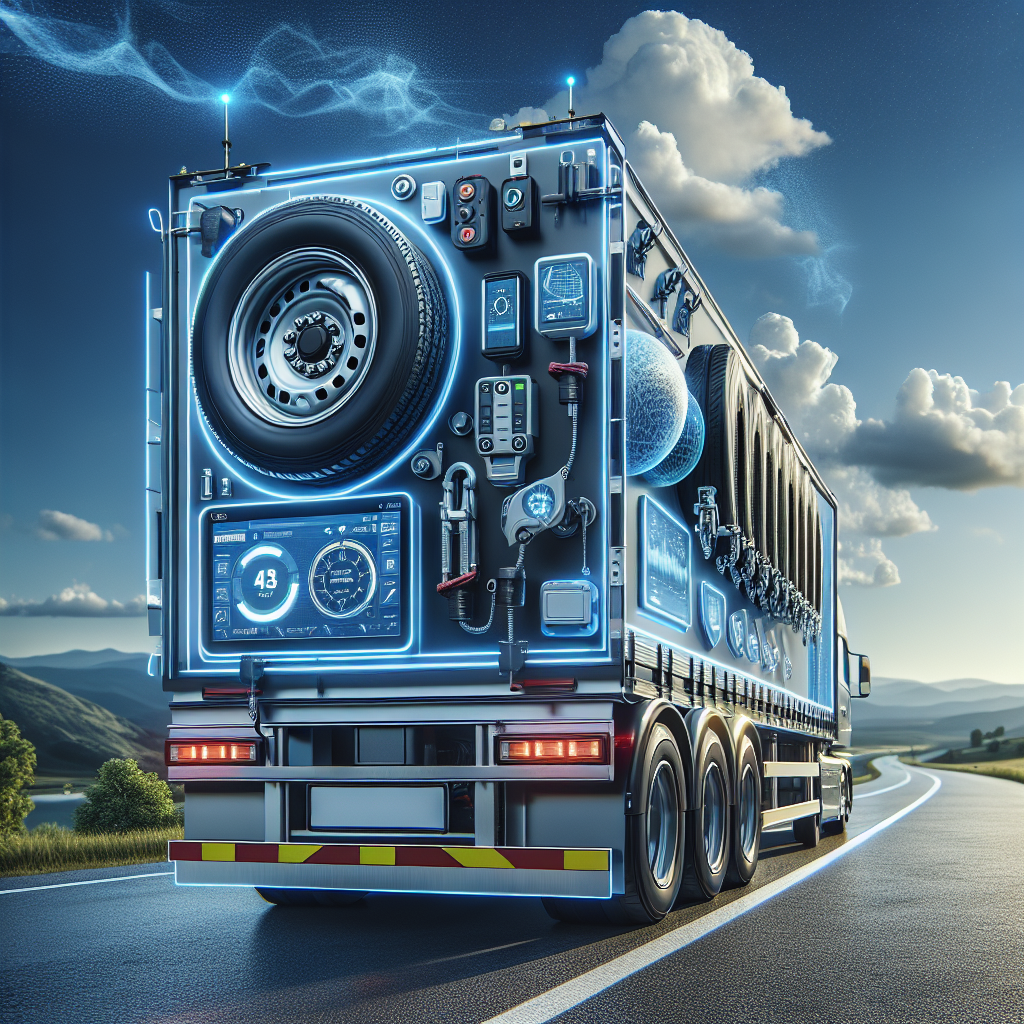 A well-equipped trailer featuring safety devices like chains, brakes, reflective tape, and a tire pressure monitoring system against a scenic backdrop.
