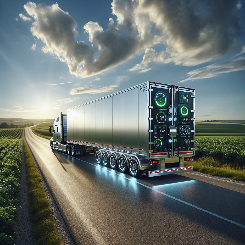 A trailer equipped with safety devices on a country road surrounded by green fields.