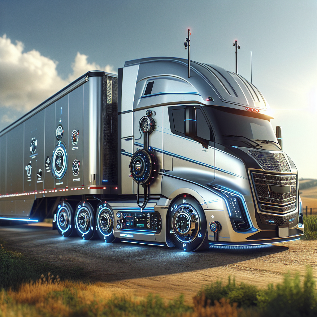 A modern trailer with advanced safety features in a sunny rural landscape.