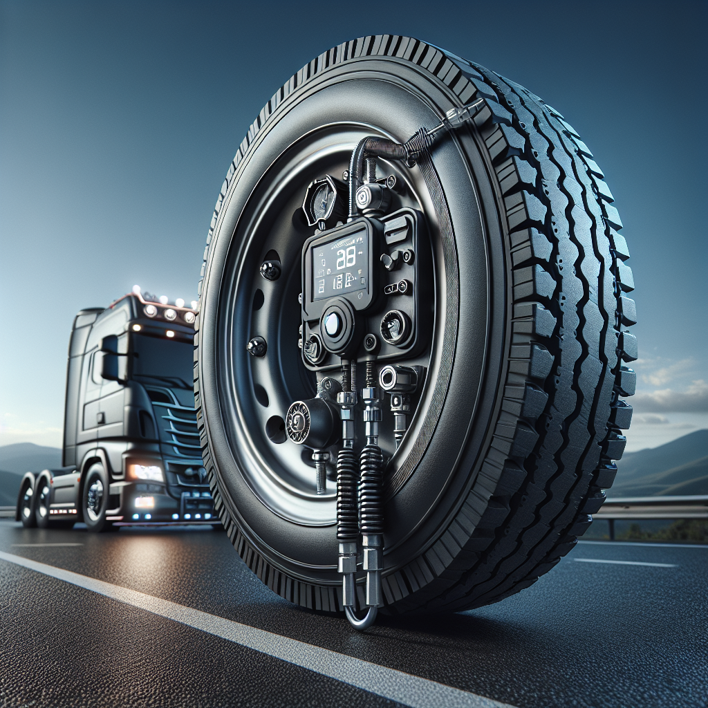 A tire pressure sensor on a trailer tire, showcasing the importance of tire safety.