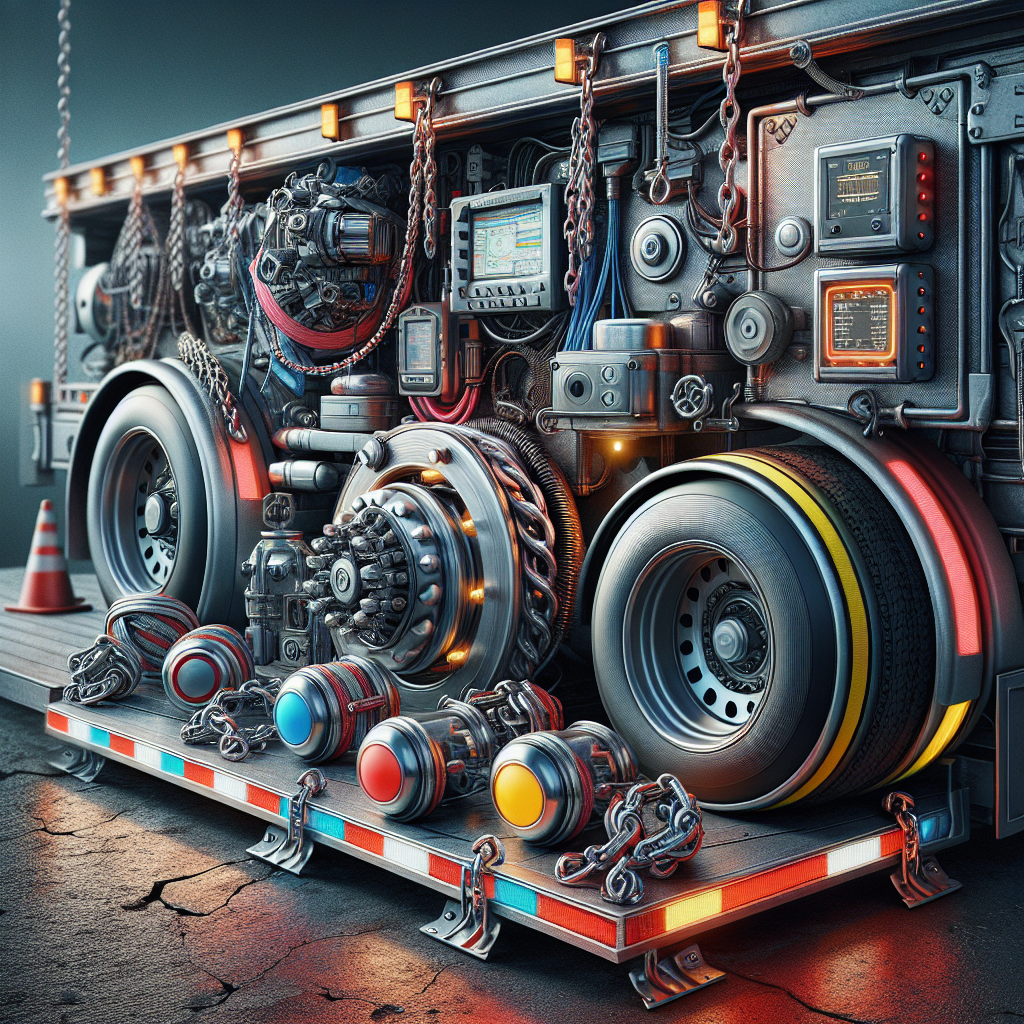 An array of essential trailer safety devices including braking systems, safety chains, reflective tape, tire pressure monitors, and axle sensors.