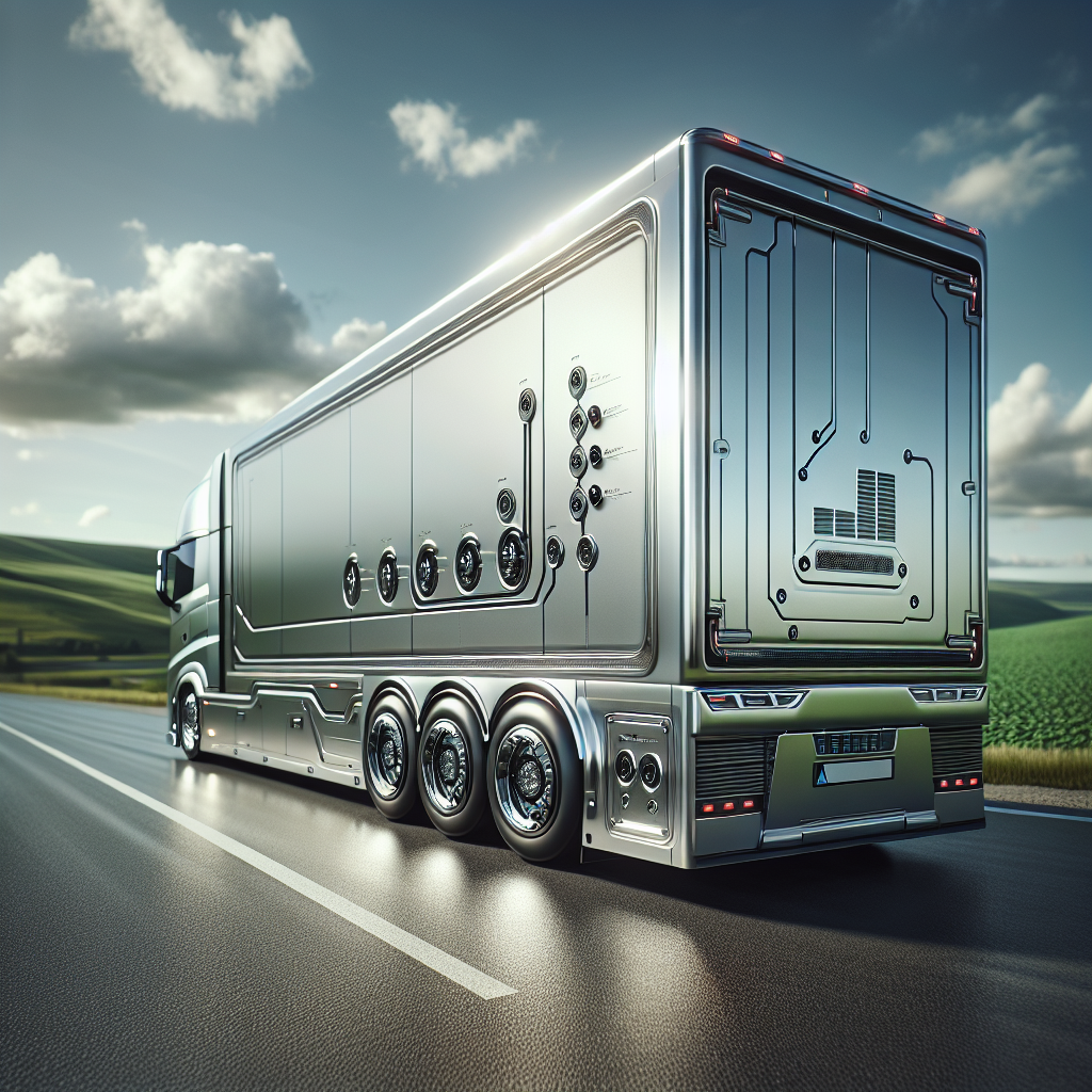A modern silver trailer with a tire pressure monitoring system on an asphalt road, surrounded by green hills and blue sky.