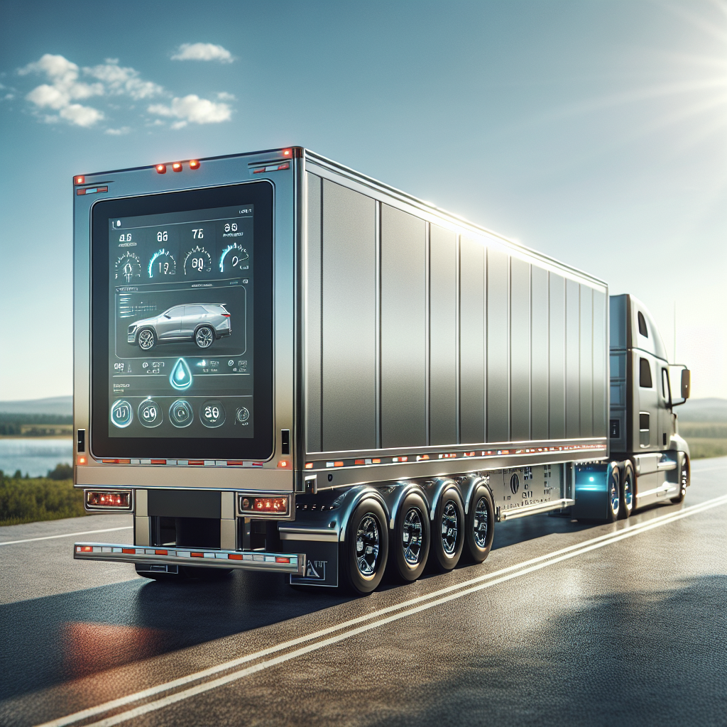 A smart trailer showcasing advanced safety monitoring systems with digital displays.