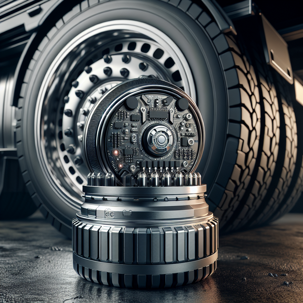 A tire pressure sensor next to a rugged black tire, reflecting vehicle safety.