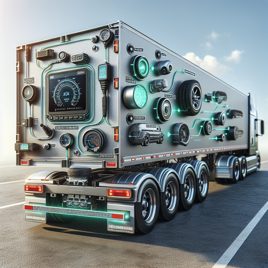 Image showcasing safety devices for trailers including axle temperature monitor, tire pressure monitoring system, and stability control components.